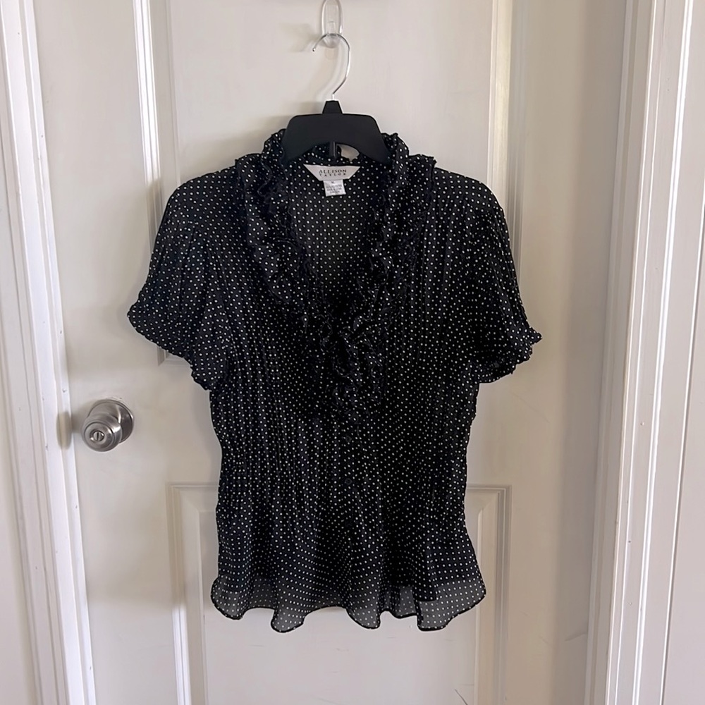 Polka dot Blouse with Ruffle Neckline